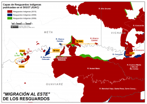 migración al este de los resguardos indígenas en Colombia