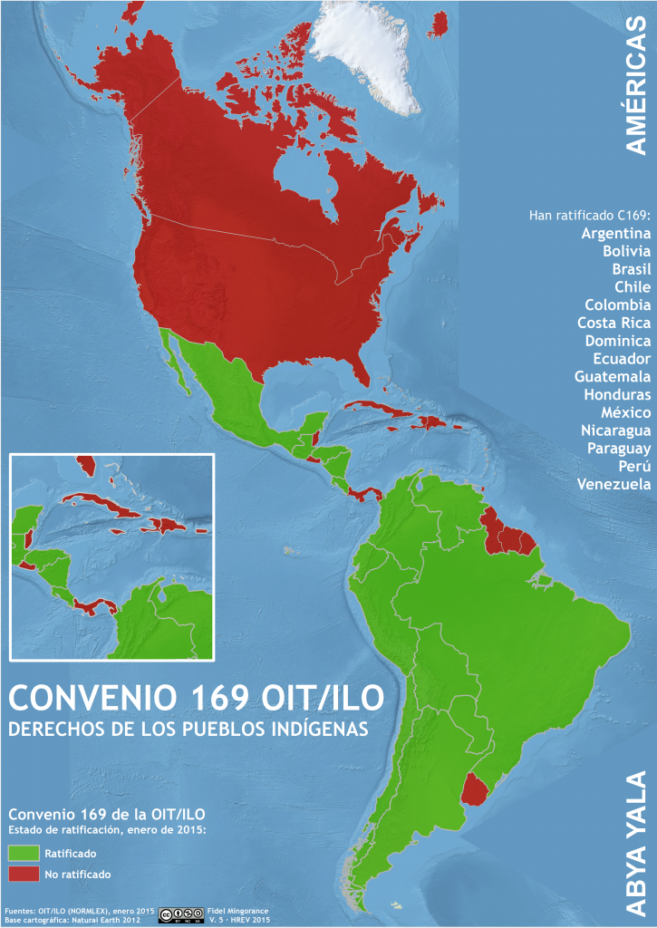 mapa del estado de ratificación del convenio 169 OITen Abya Yala en enero 2015