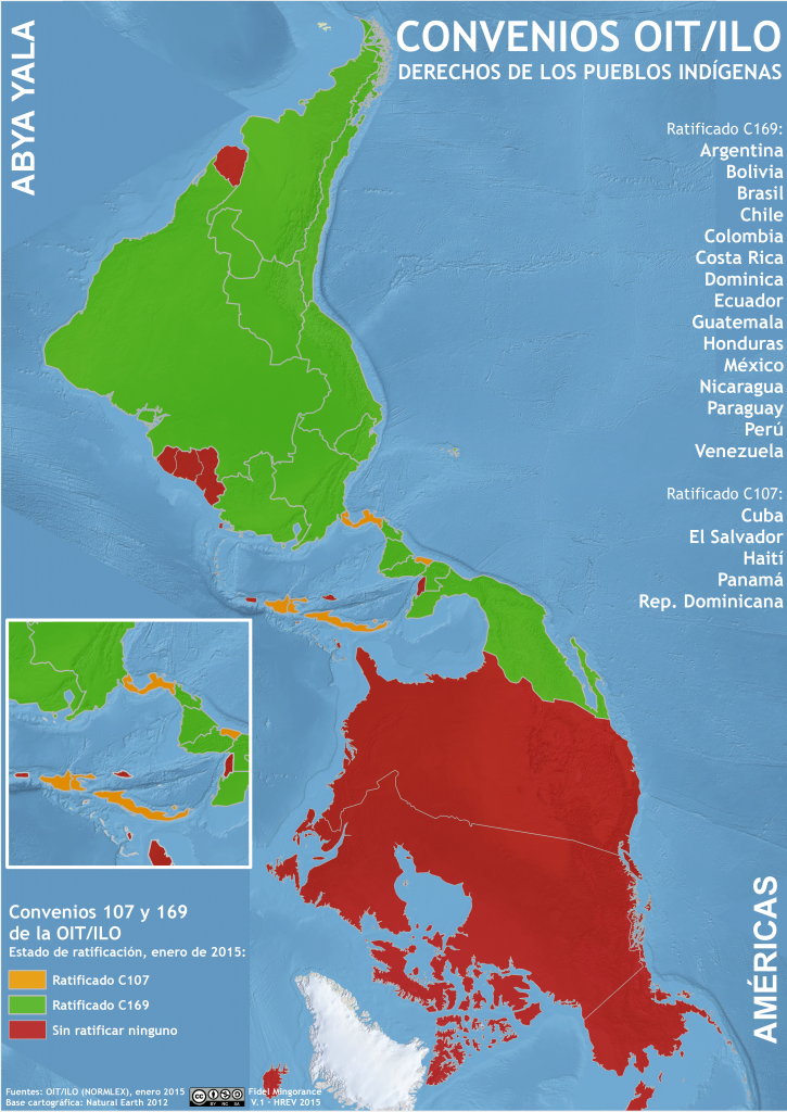 mapa del estado de ratificación de los convenios de la OIT en Abya Yala en enero 2015