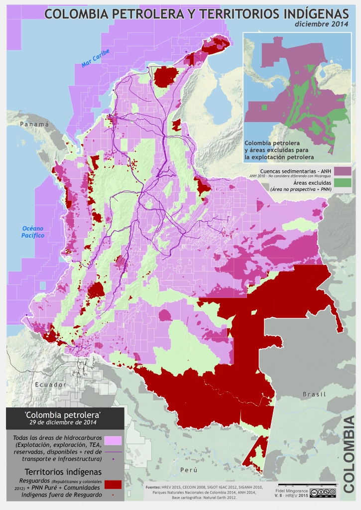 mapa de la Colombia petrolera y territorios Indígenas en diciembre 2014