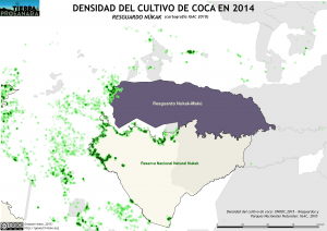 mapa de la densidad del cultivo de coca en el Resguardo Nukak en 2014 y la cartografía del IGAC de 2010