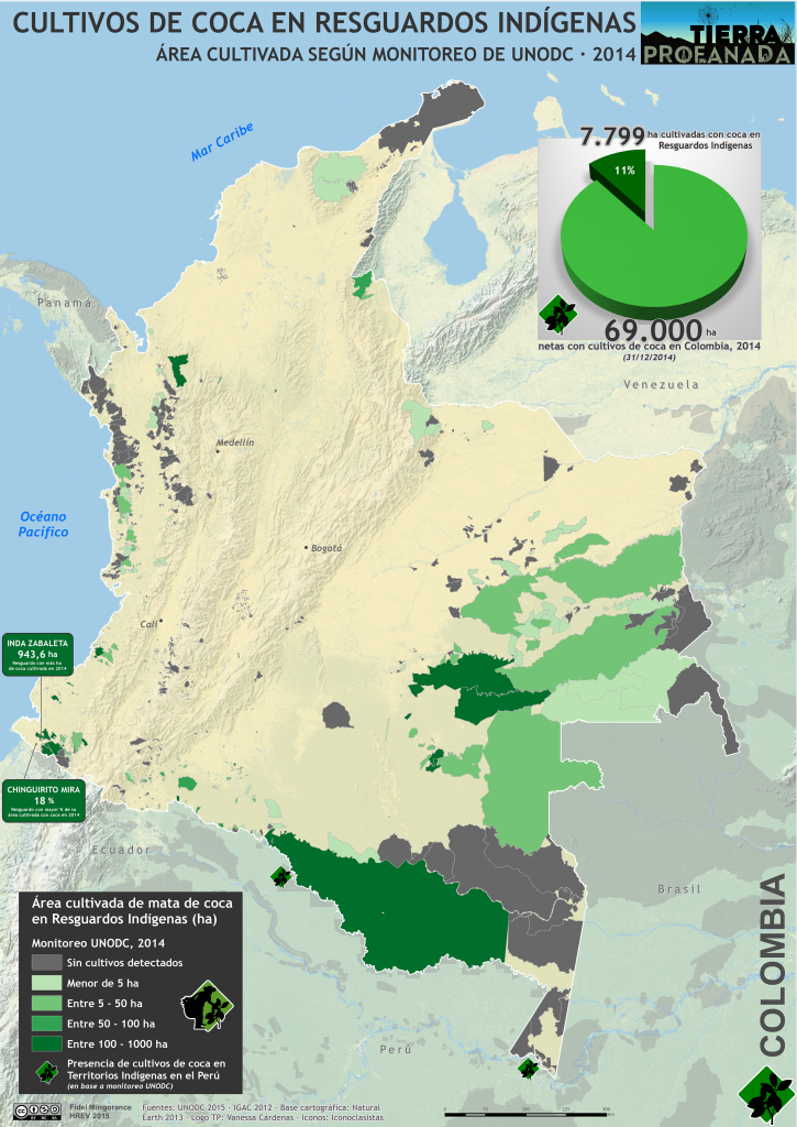 mapa de los cultivos de coca en Resguardos Indígenas en Colombia 2014