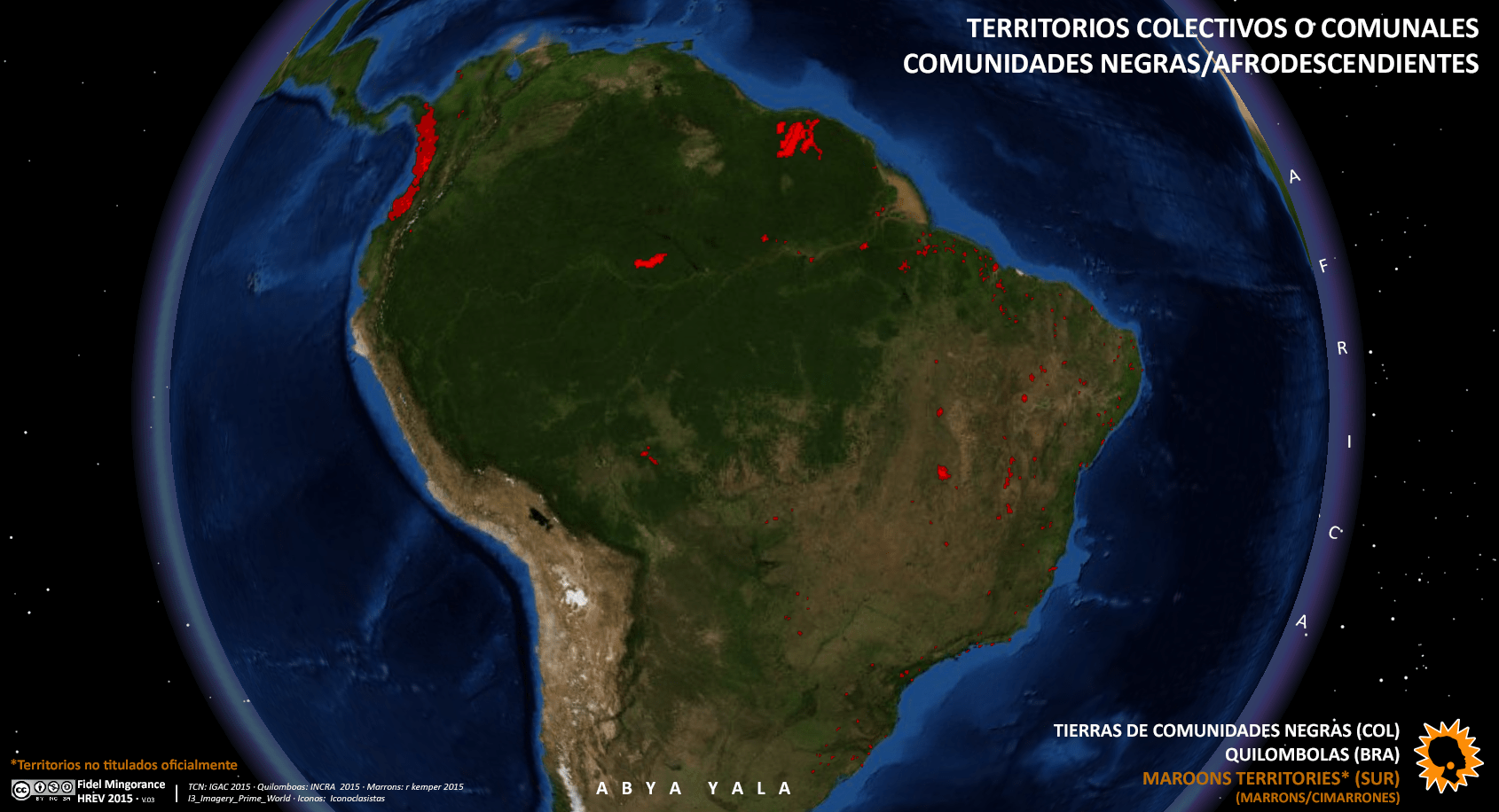Globo de los territorios Afro/Negros en 2015 en Sudamérica