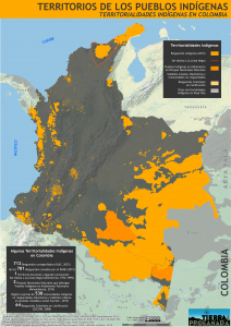mapa de los territorios indígenas en Colombia en noviembre de 2015