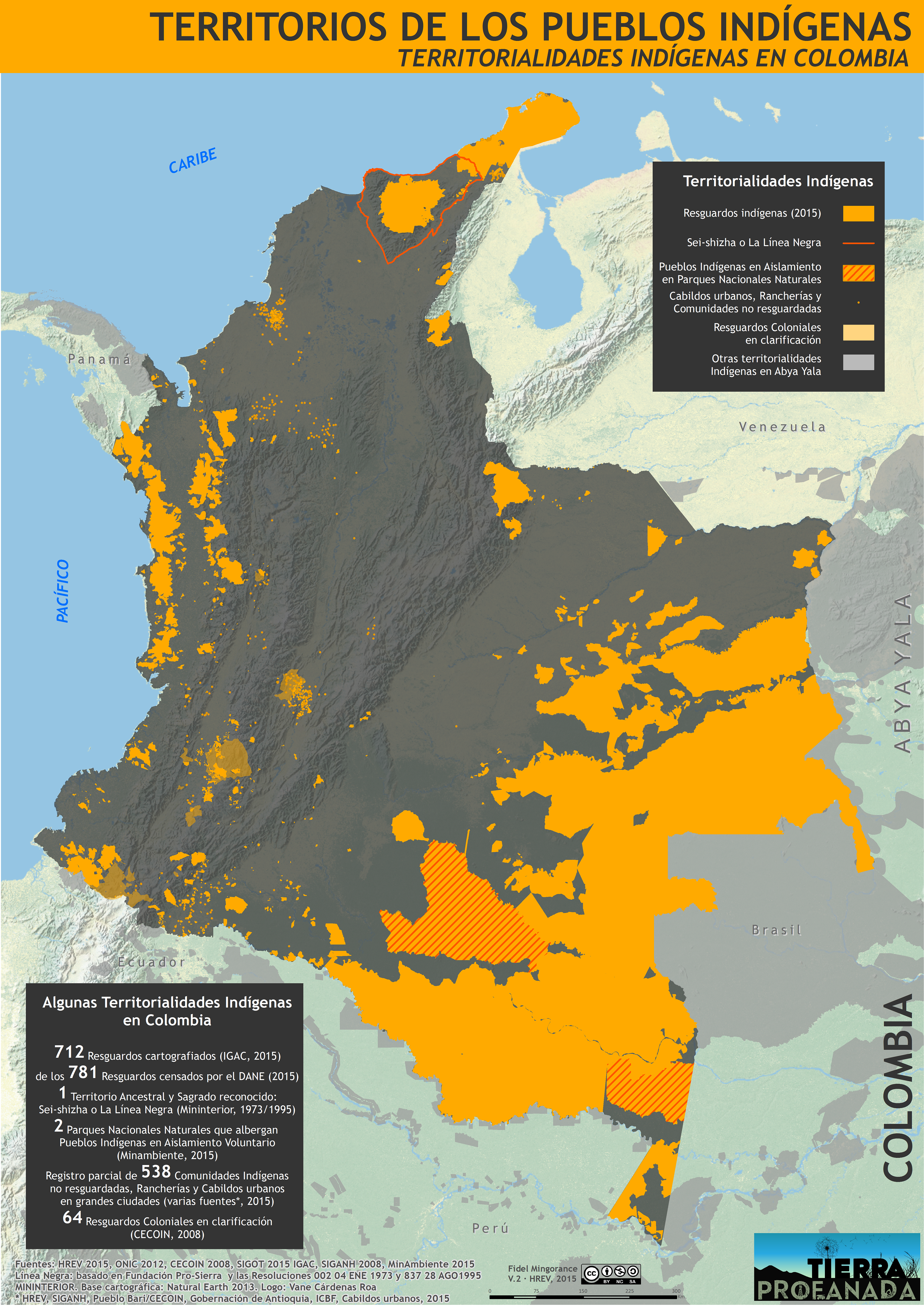 mapa de los territorios indígenas en Colombia en noviembre de 2015